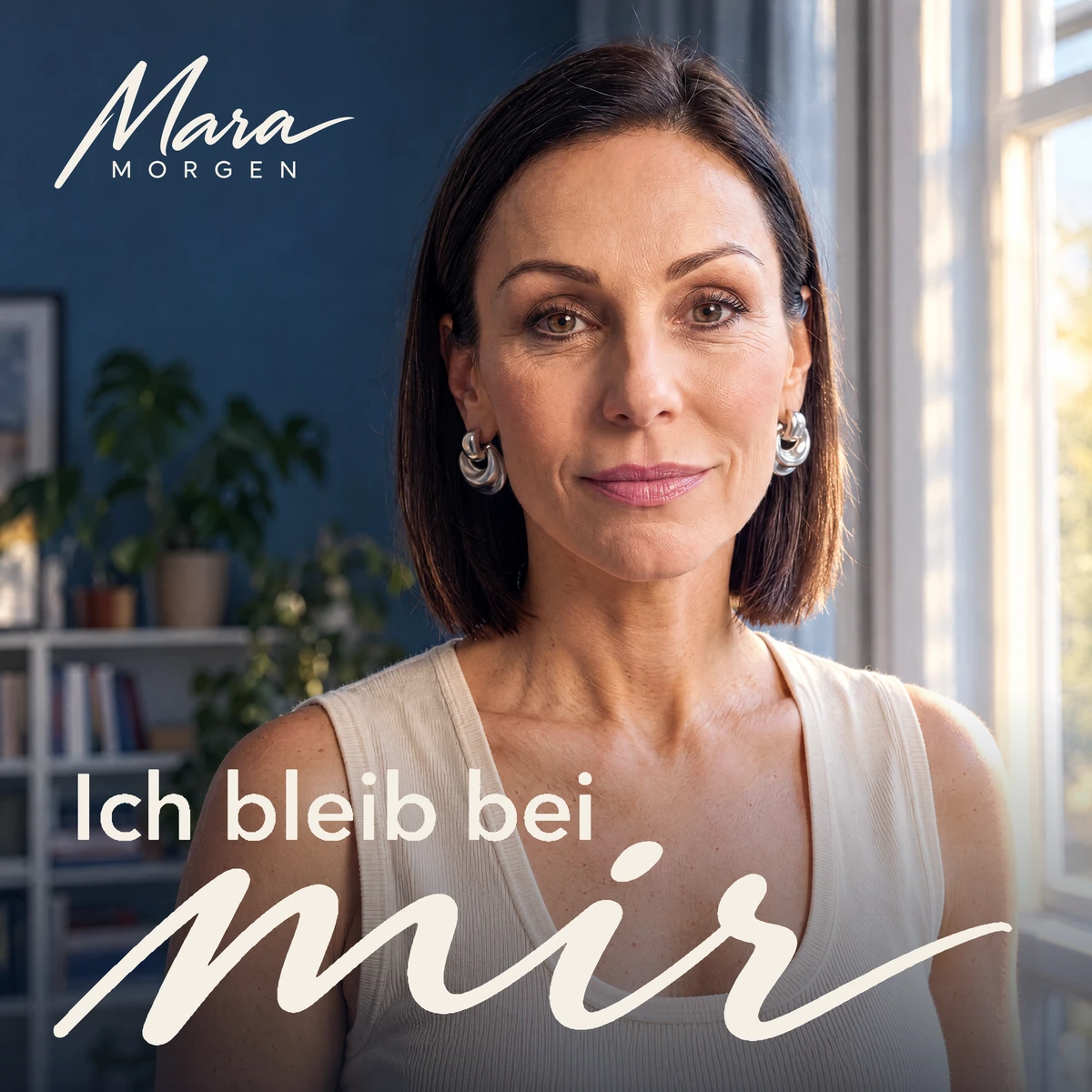 Cover Ich bleib bei mir: Mara am Fenster, mit großem handgeschriebenem mir.
