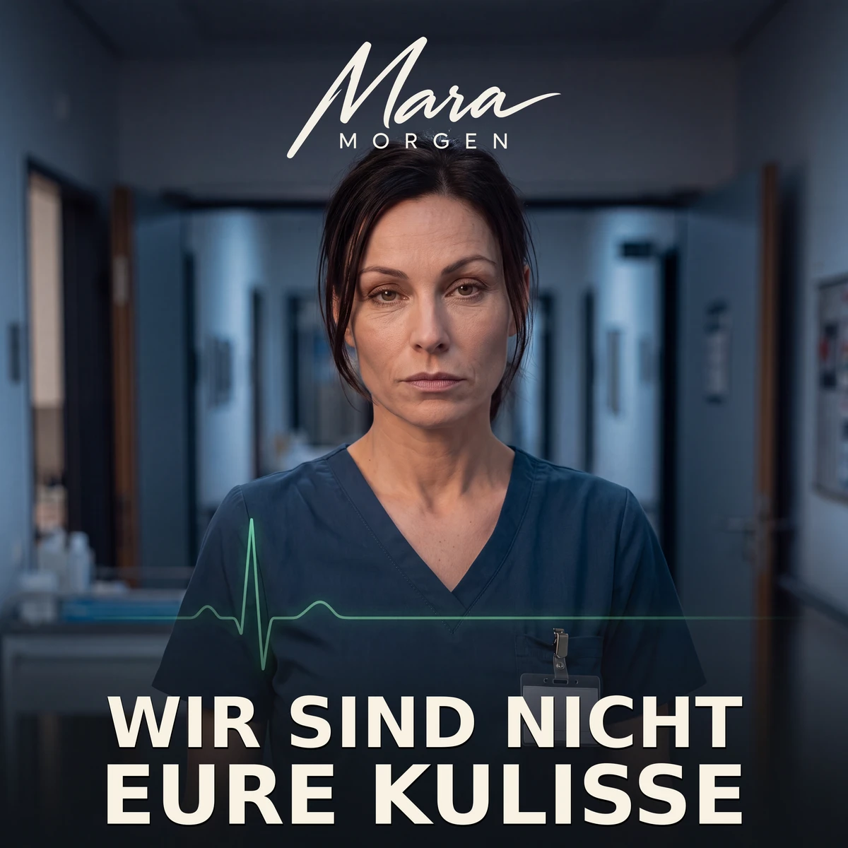 Cover Wir sind nicht eure Kulisse: Mara in blauer Arbeitskleidung, eine grüne Pulslinie vor ihr.